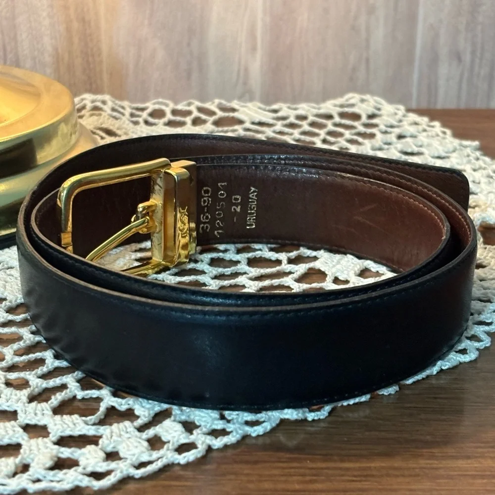 Yves Saint Laurent Solid Brass Buckle Reversible Brown Black Leather Belt